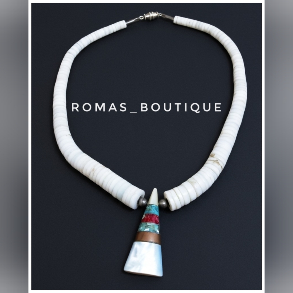 Native American heishi shell necklace with a multi-stone inlay pendant